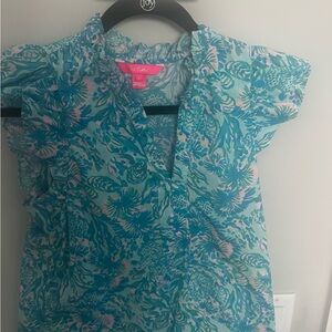 Lilly Pulitzer Aqua, Teal & Pink Floral Ruffle Sleeve Top